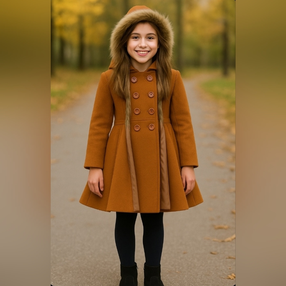 VNTG, GIRL Coat High Low Separate Hat Faux Fur